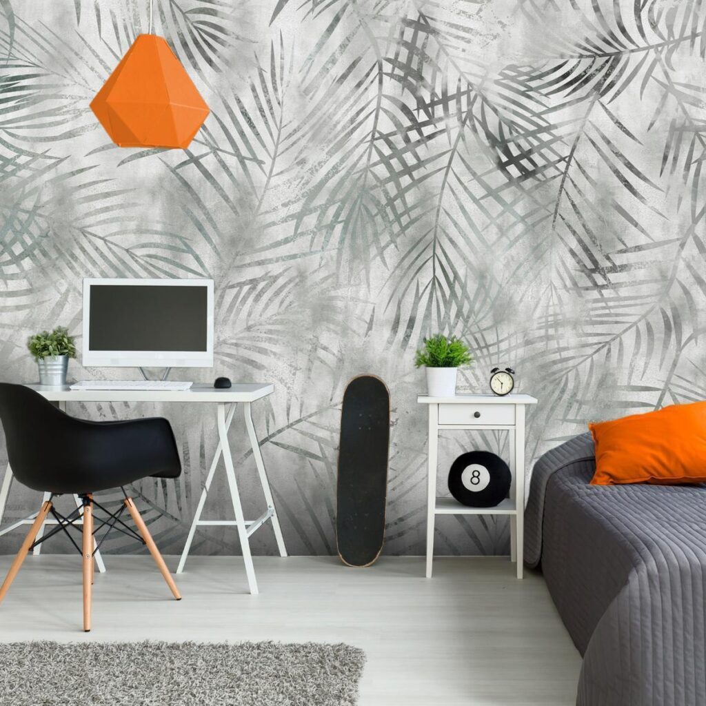 Fotobehang - Minimalist landscape - nature motif with grey exotic leaves