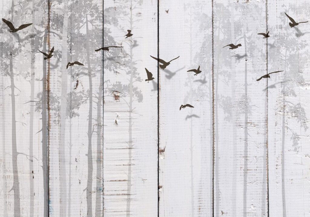Fotobehang - Minimalist motif - black birds on a white background with wood texture - Afbeelding 2