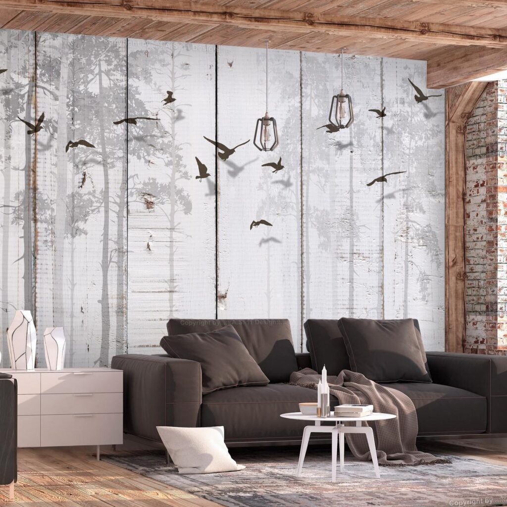 Fotobehang - Minimalist motif - black birds on a white background with wood texture