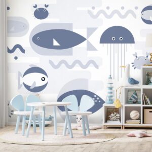Fotobehang - Minimalist ocean - geometric fish and crabs in water for kids