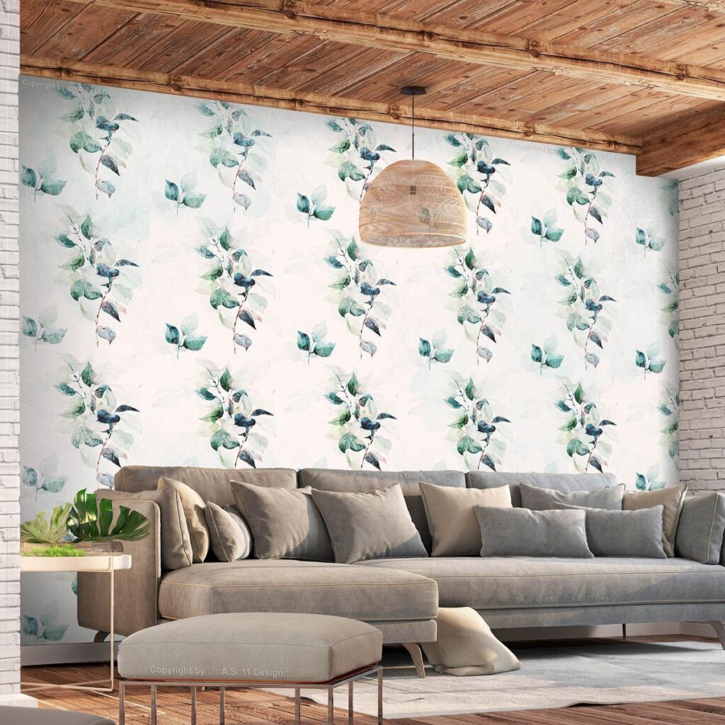 Fotobehang - Mint green nature - solid floral pattern with green leaves - Afbeelding 2