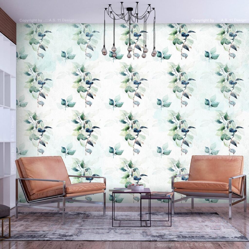Fotobehang - Mint nature - uniform pattern in floral motif with green leaves - Afbeelding 2