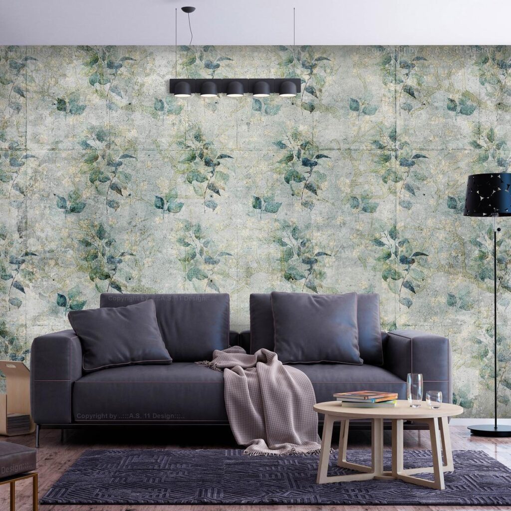Fotobehang - Mint tones - green leaf bouquets on a retro patterned background - Afbeelding 2