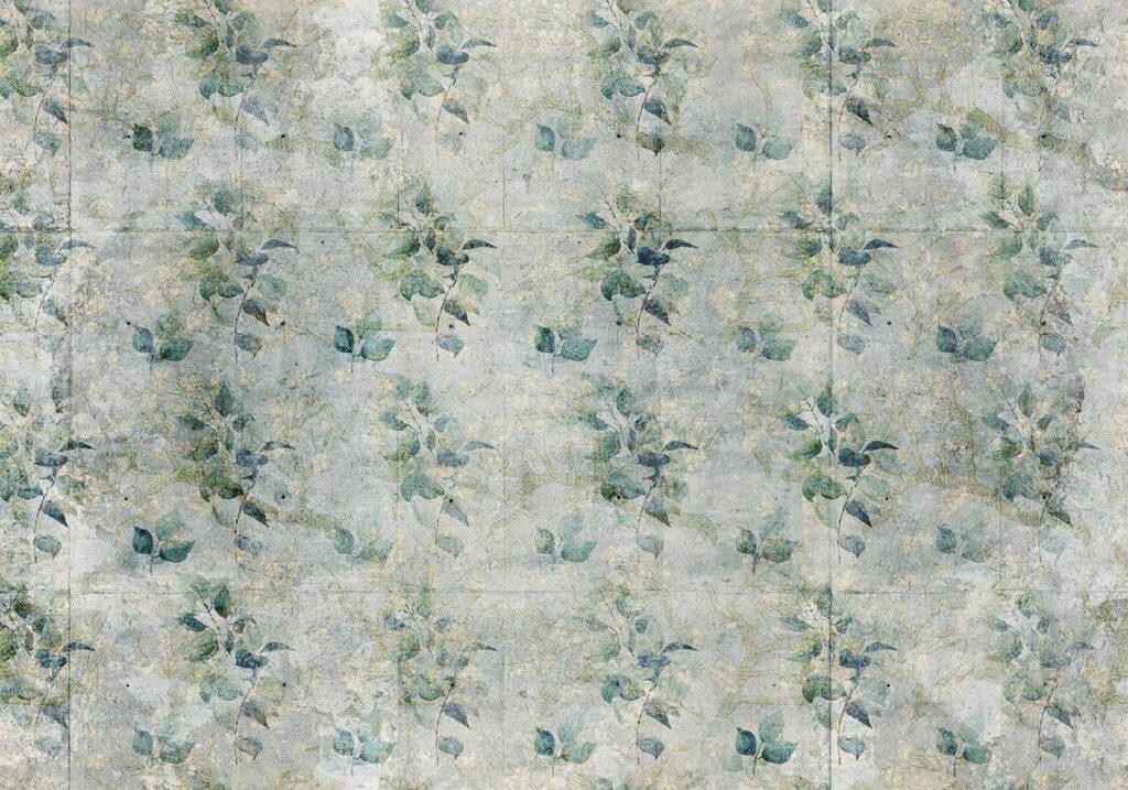 Fotobehang - Mint tones - green leaf bouquets on a retro patterned background