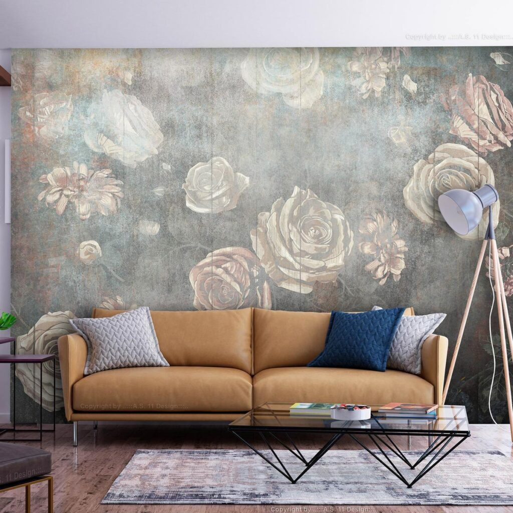 Fotobehang - Misty nature - muted rose flowers on a background in grey tones - Afbeelding 2