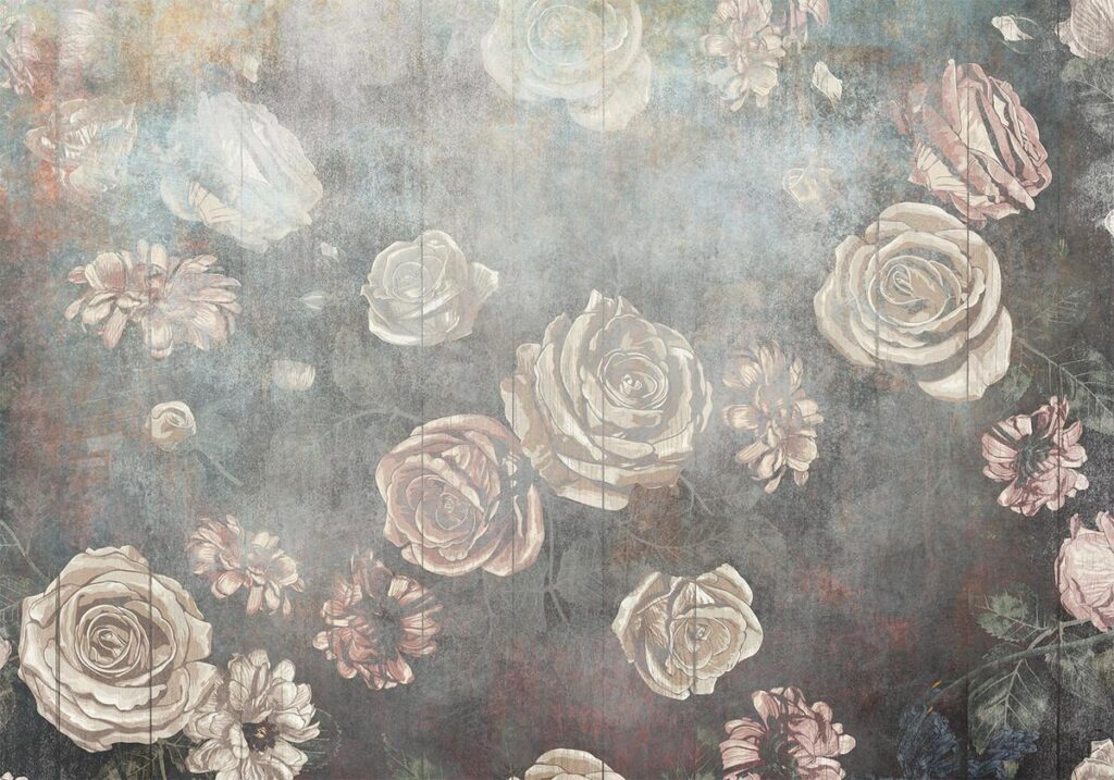 Fotobehang - Misty nature - muted rose flowers on a background in grey tones