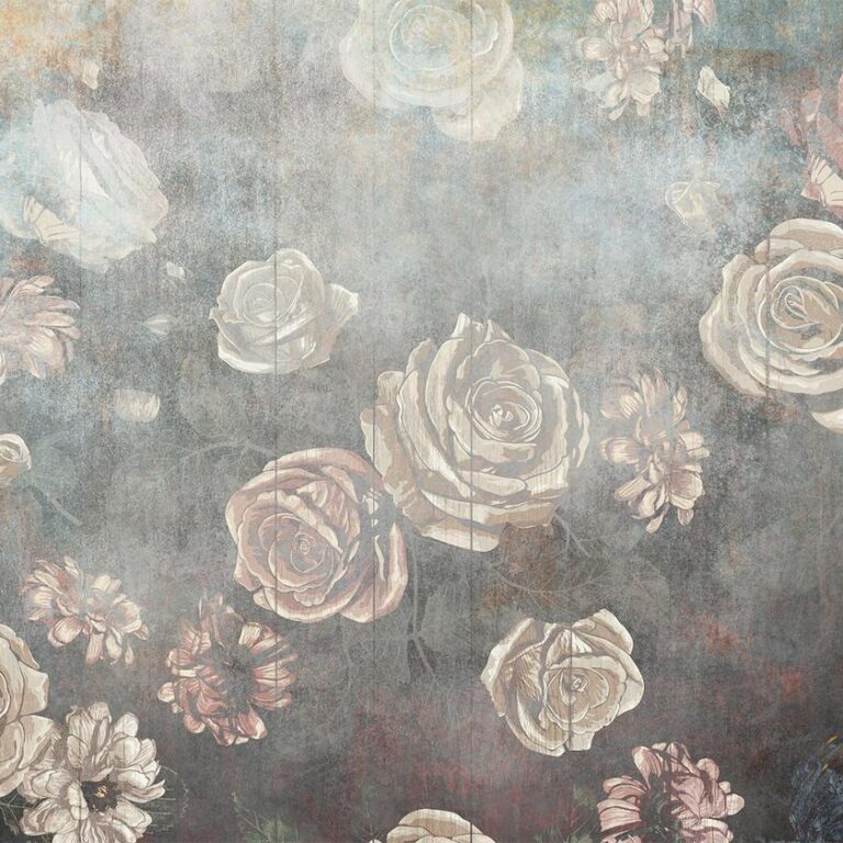 Fotobehang - Misty nature - muted rose flowers on a background in grey tones