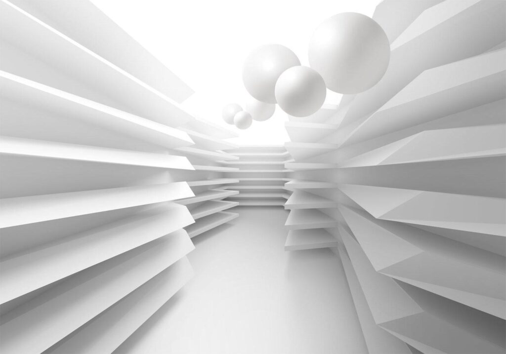 Fotobehang - Modern abstraction - white corridor with space effect and spheres