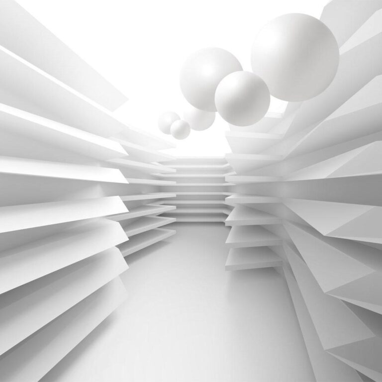 Fotobehang - Modern abstraction - white corridor with space effect and spheres