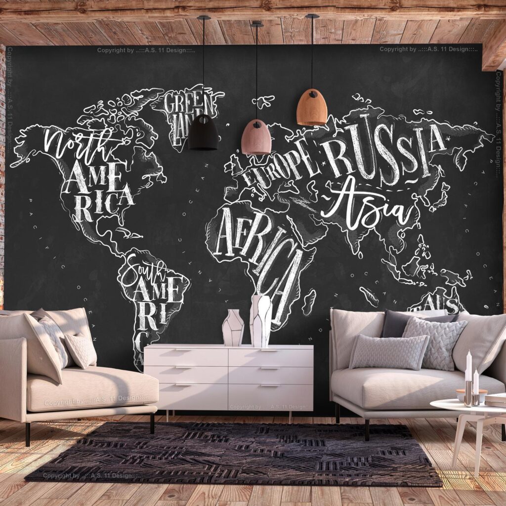 Fotobehang - Modern world map - black and white continents with English names - Afbeelding 2