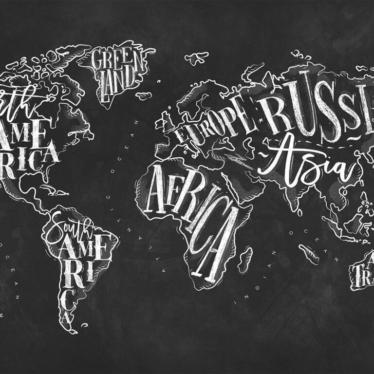 Fotobehang - Modern world map - black and white continents with English names