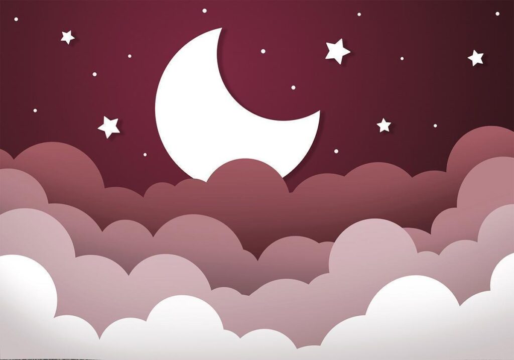 Fotobehang - Moon dream - clouds in a maroon sky with stars for children - Afbeelding 2