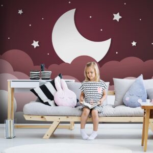 Fotobehang - Moon dream - clouds in a maroon sky with stars for children