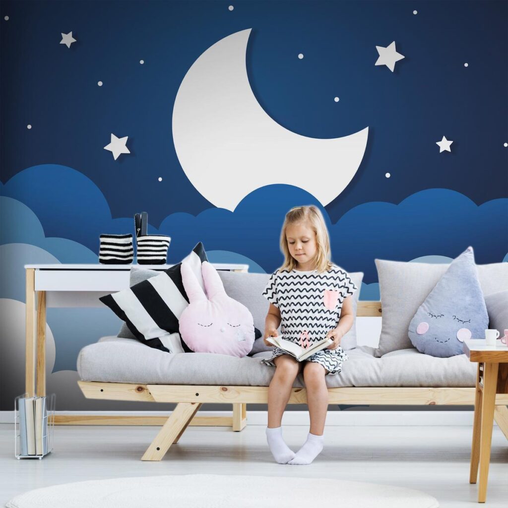 Fotobehang - Moon dream - clouds on a dark blue sky with stars for children