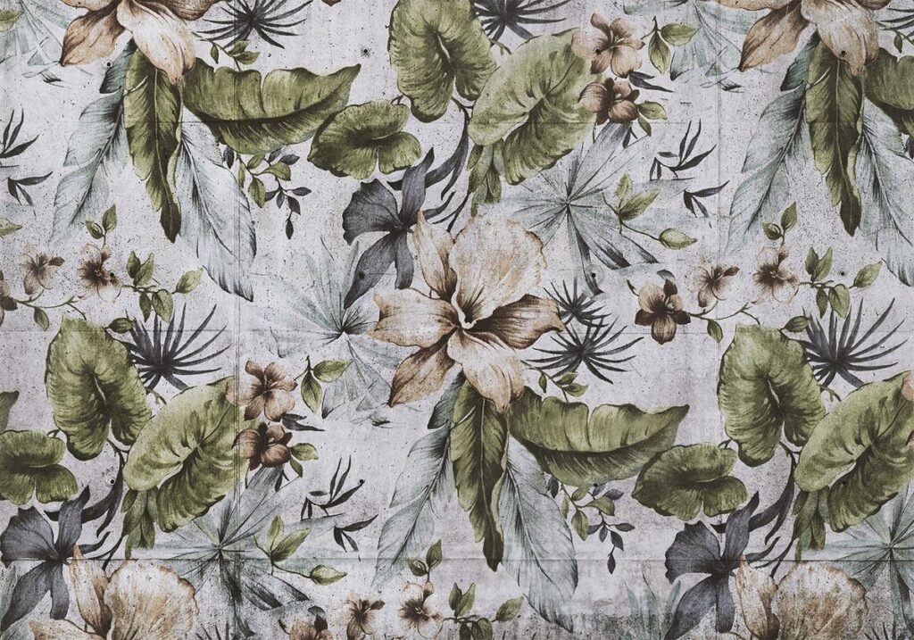 Fotobehang - Nature in retro style - jungle landscape with pale leaves and flowers