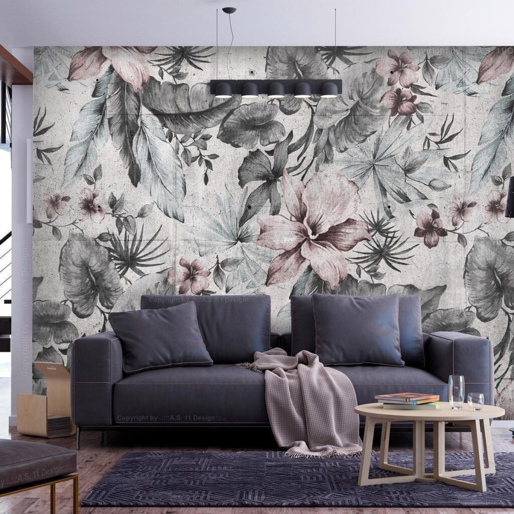 Fotobehang - Nature in retro style - landscape with leaves and flowers in grey tones - Afbeelding 2