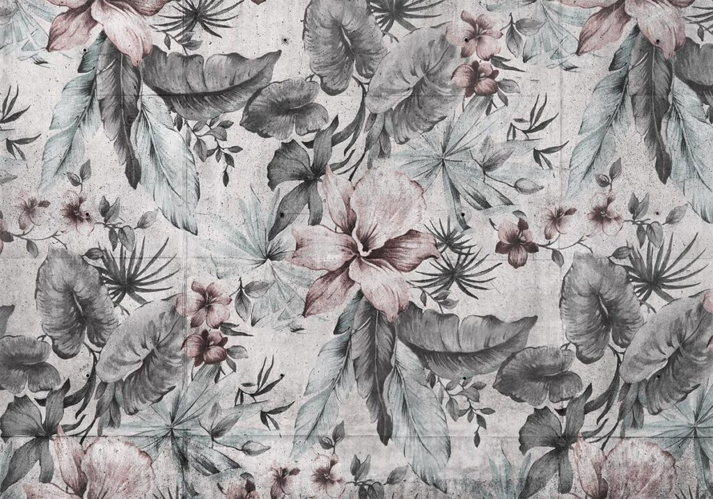 Fotobehang - Nature in retro style - landscape with leaves and flowers in grey tones