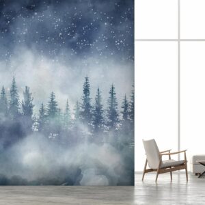 Fotobehang - Night landscape - landscape of a misty forest at night with a starry sky