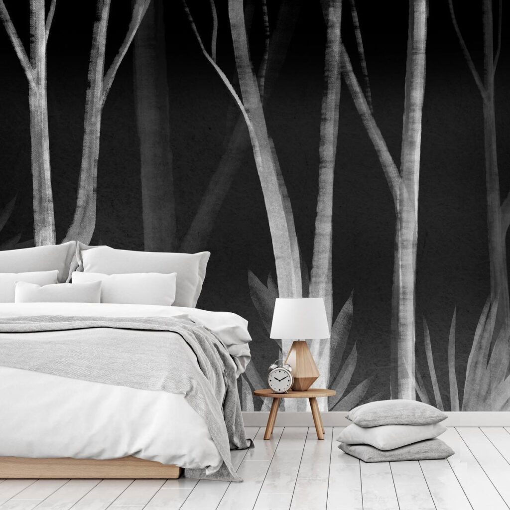 Fotobehang - Noise of the forest at night - minimalist landscape of white trees on a black background