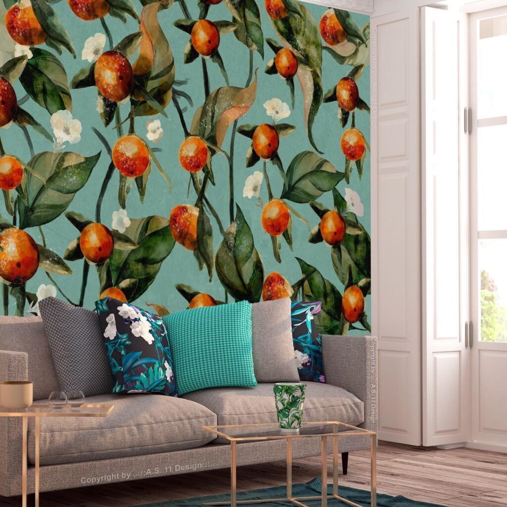 Fotobehang - Orange grove - plant motif with fruit and leaves on a blue background - Afbeelding 2