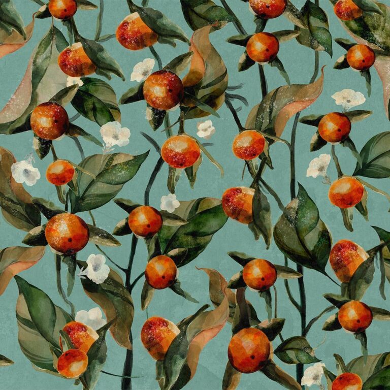 Fotobehang - Orange grove - plant motif with fruit and leaves on a blue background