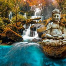 Fotobehang - Orient - landscape with Buddha sculpture on a background of a waterfall and exotic forest