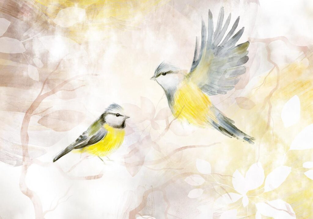 Fotobehang - Painted tits - bird motif with patterns in yellow and beige tones - Afbeelding 2