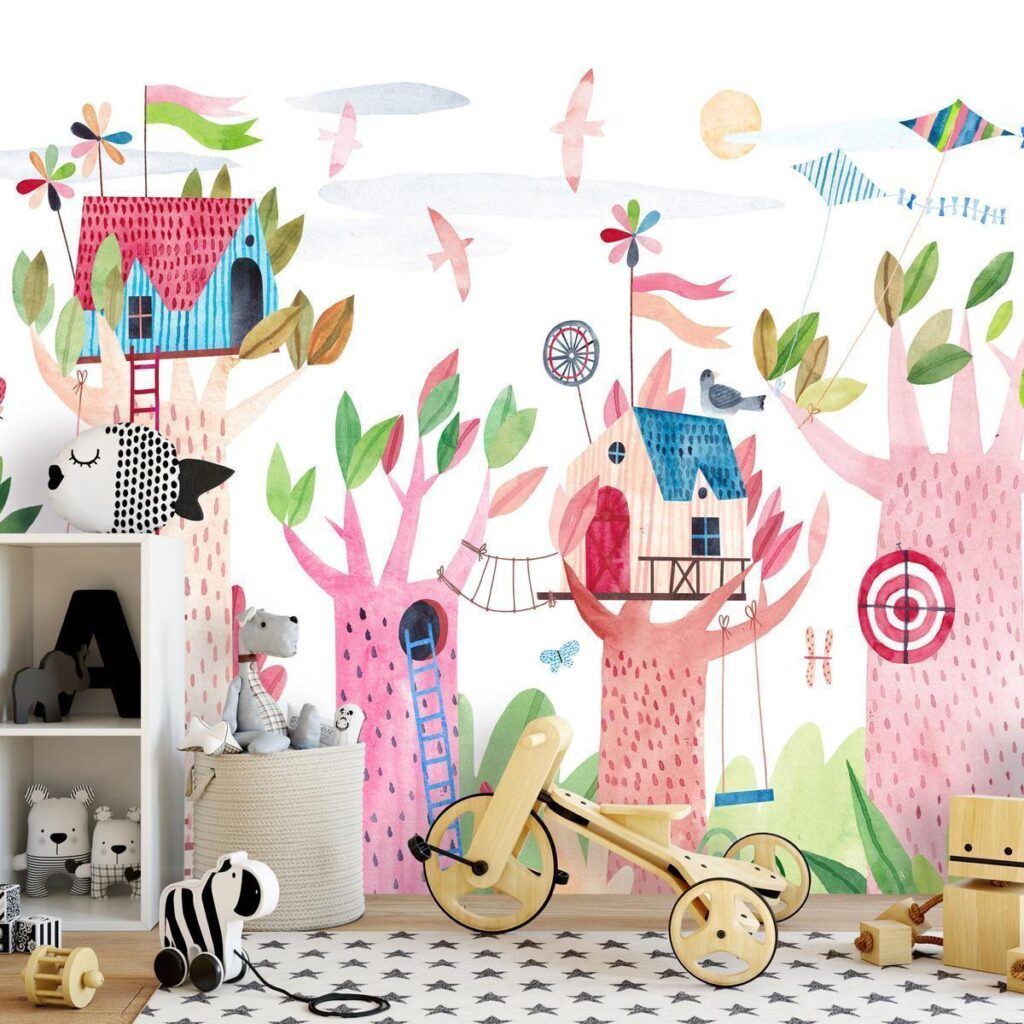 Fotobehang - Painted tree houses - a colourful fantasy with kites for children - Afbeelding 2