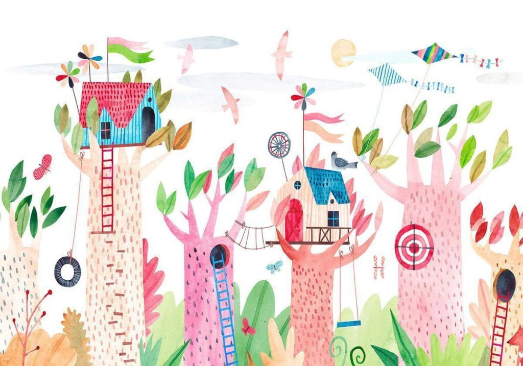 Fotobehang - Painted tree houses - a colourful fantasy with kites for children