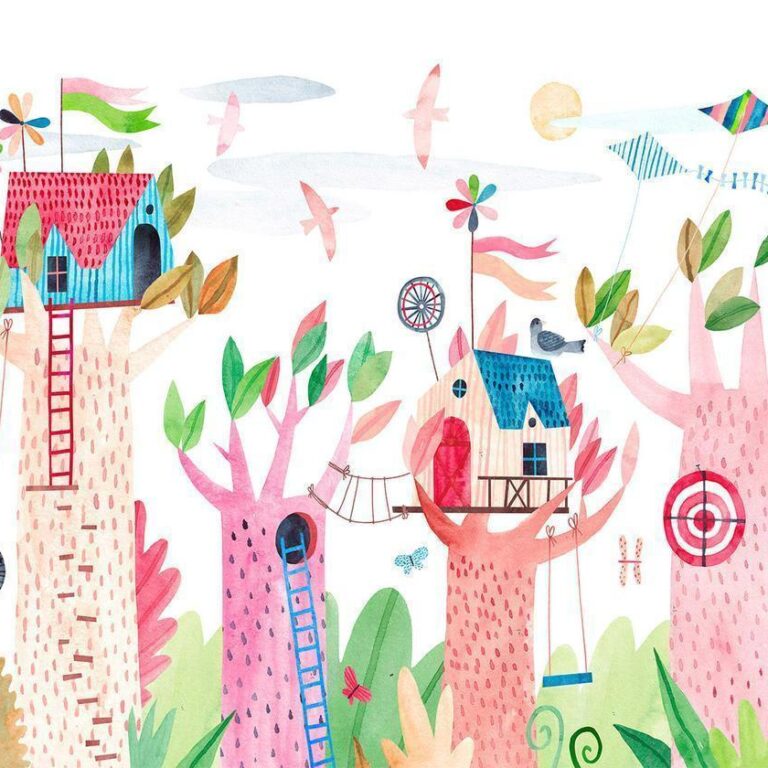 Fotobehang - Painted tree houses - a colourful fantasy with kites for children
