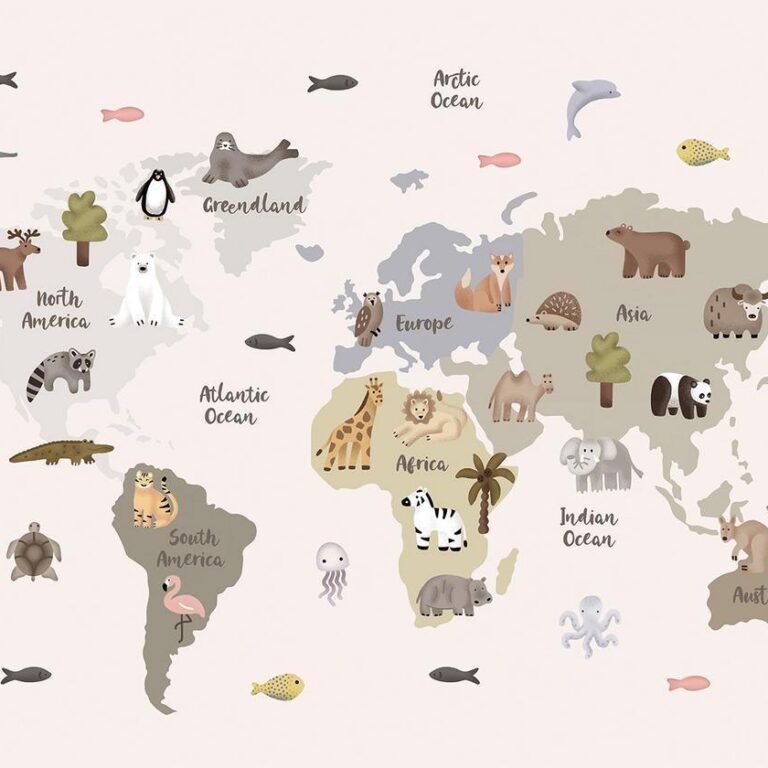 Fotobehang - Pastel Map - Animals and Continents for Children's Room