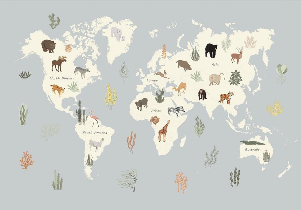 Fotobehang - Pastel Planet - Animals and Underwater Plants on a Map - Afbeelding 2