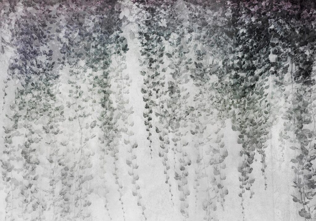 Fotobehang - Peaceful oasis - landscape of hanging black leaf vines on a grey background - Afbeelding 2
