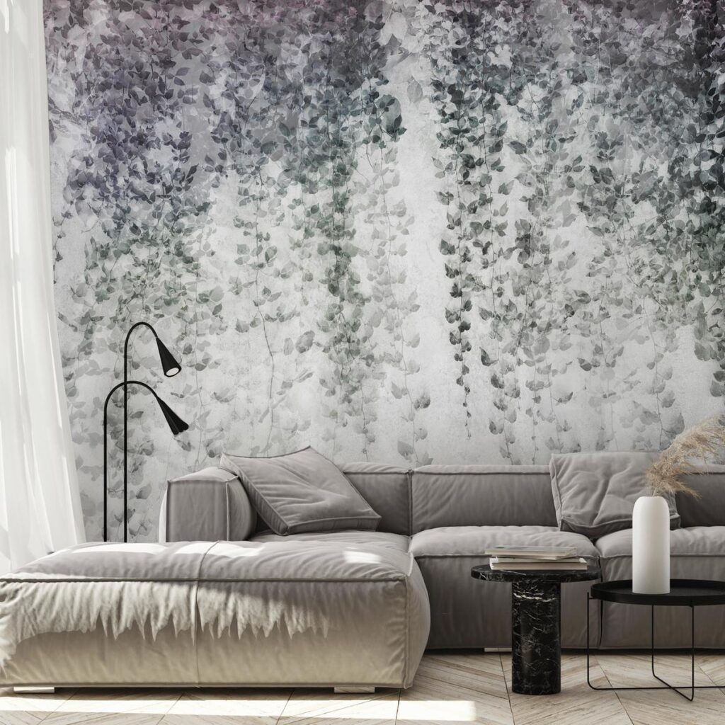 Fotobehang - Peaceful oasis - landscape of hanging black leaf vines on a grey background