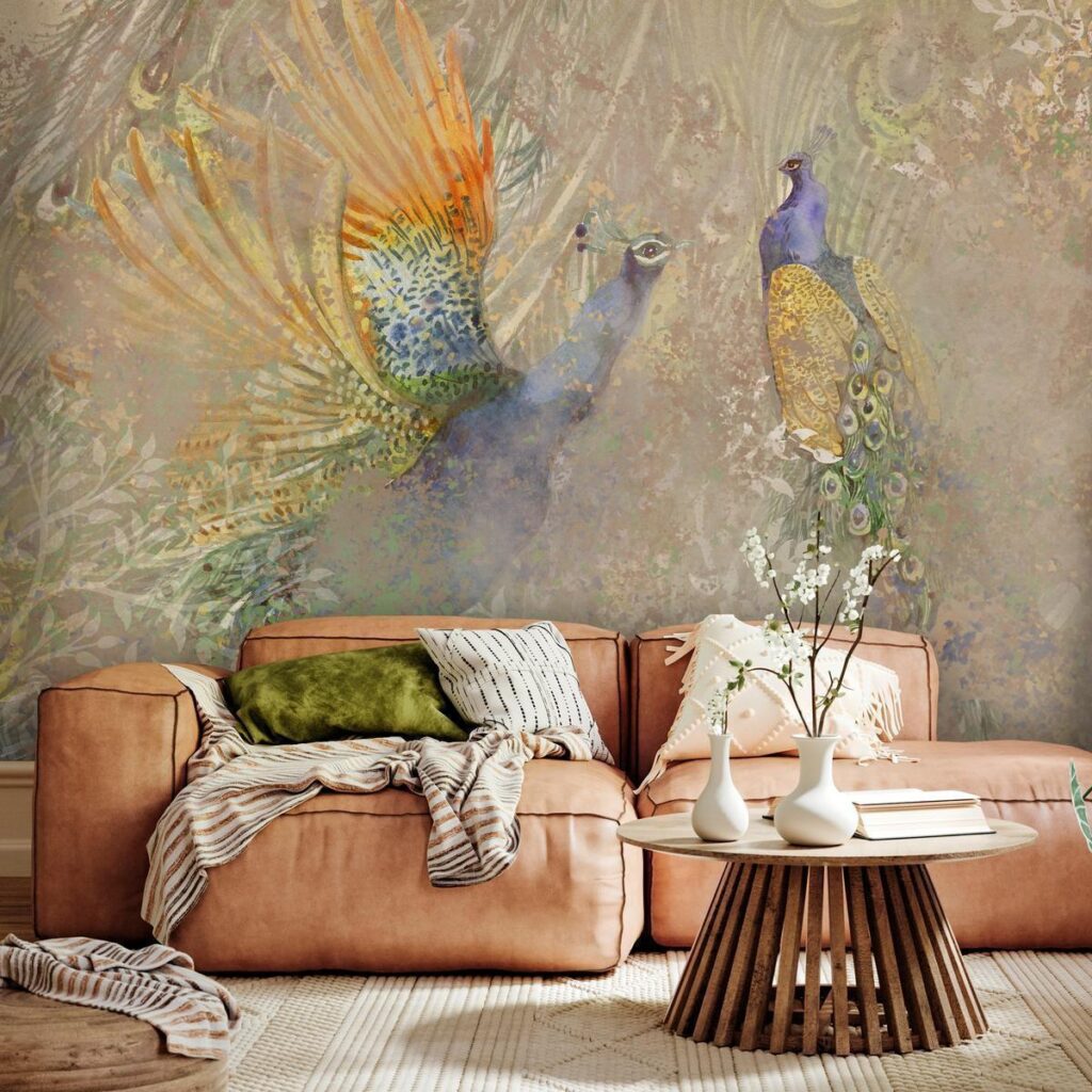 Fotobehang - Peacocks in dance - bird motif among an abstract pattern with ornaments - Afbeelding 2