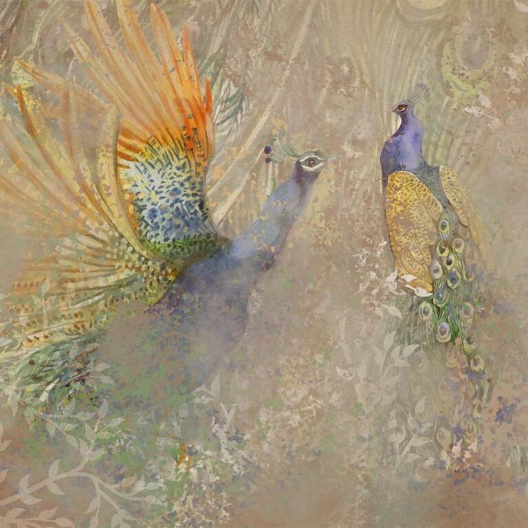 Fotobehang - Peacocks in dance - bird motif among an abstract pattern with ornaments
