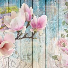 Fotobehang - Pink Flowers on Wood