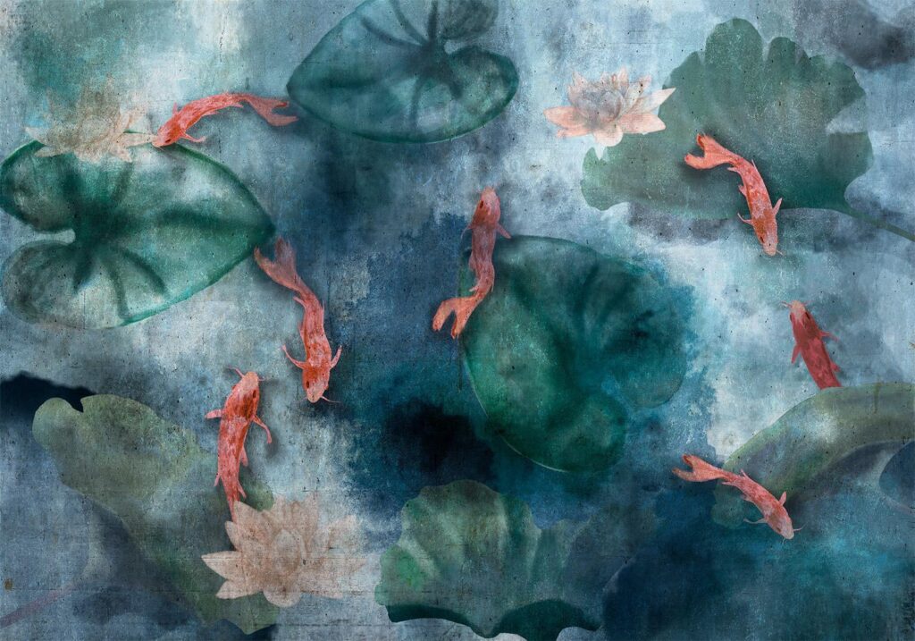Fotobehang - Pond - composition with fish in a lake and plants - Afbeelding 2