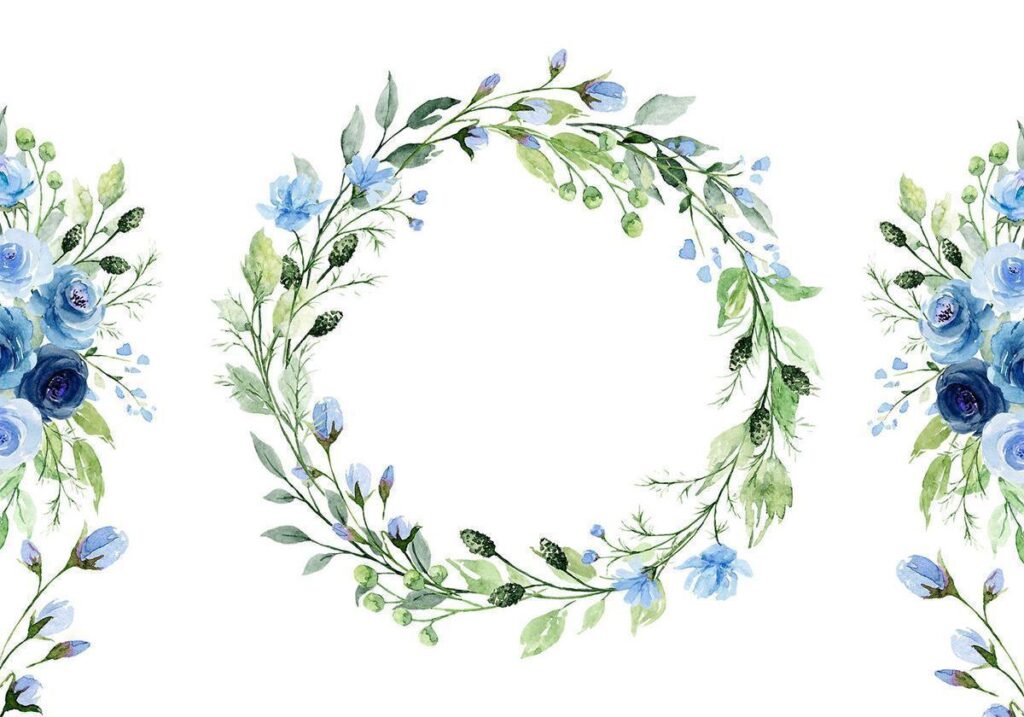 Fotobehang - Romantic wreath - plant motif with blue flowers and leaves - Afbeelding 2