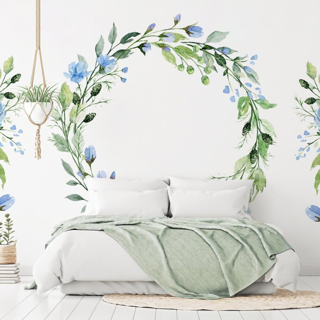 Fotobehang - Romantic wreath - plant motif with blue flowers and leaves