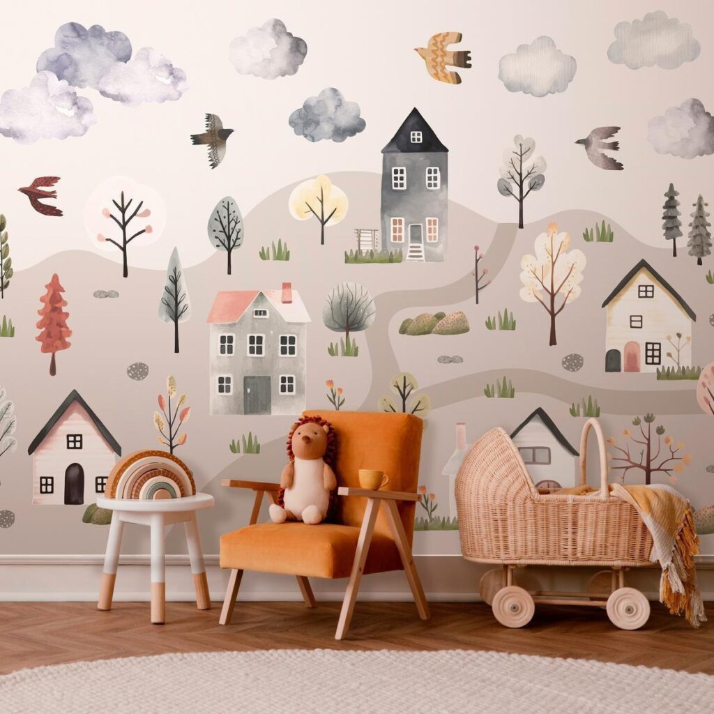 Fotobehang - Scandinavian Valley - Village in Pastel Colours Painted in Watercolours - Afbeelding 2