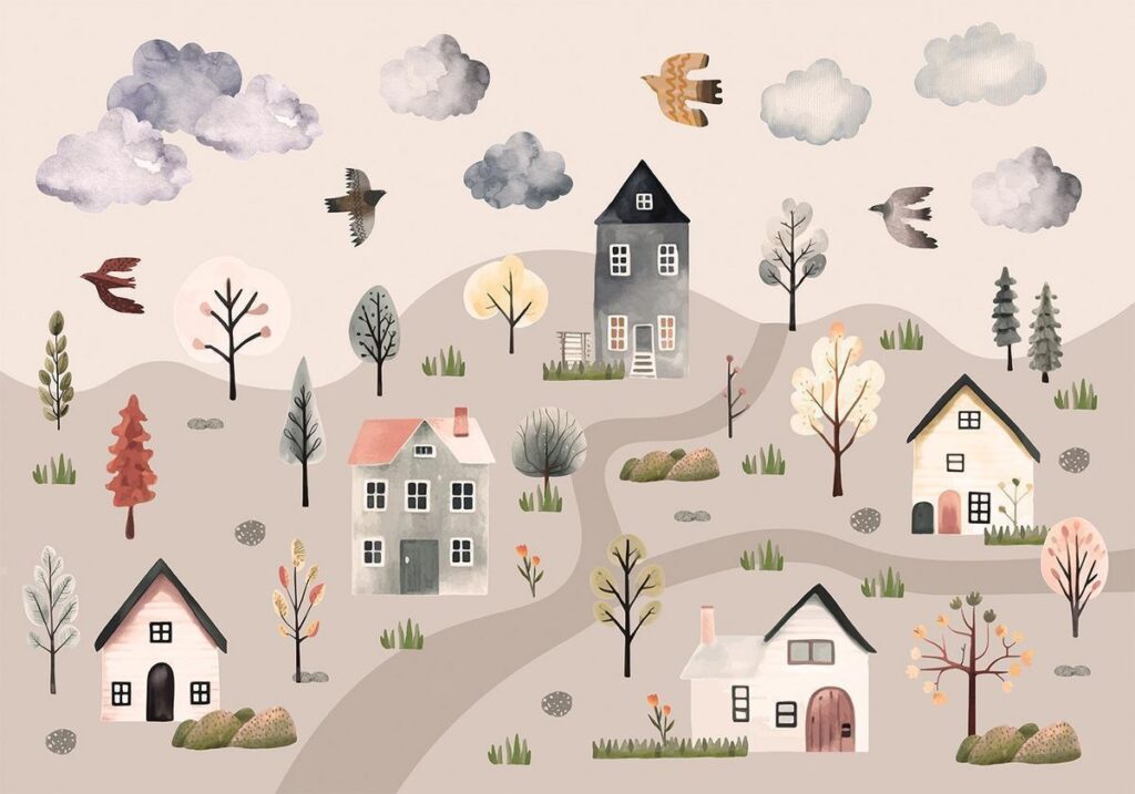 Fotobehang - Scandinavian Valley - Village in Pastel Colours Painted in Watercolours