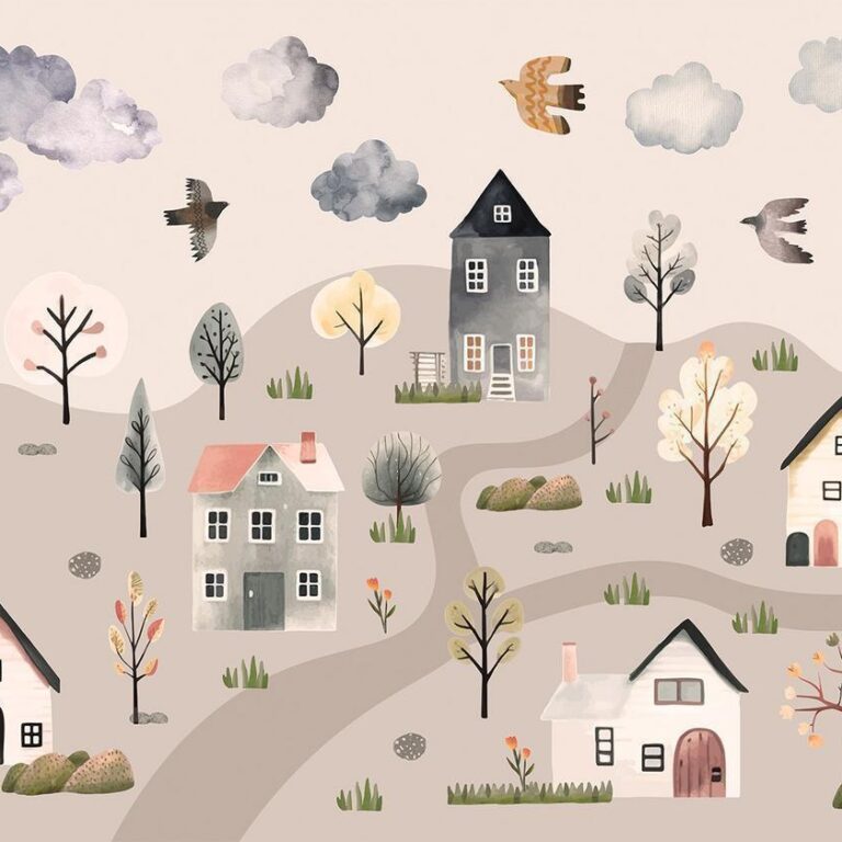 Fotobehang - Scandinavian Valley - Village in Pastel Colours Painted in Watercolours