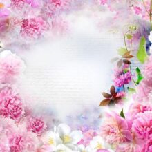 Fotobehang - Scent of Carnations - Abstract Floral Motif with Inscriptions and Clouds