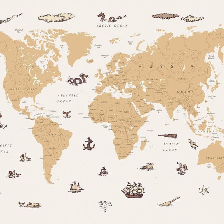 Fotobehang - Sea Wolf Map - Countries With Pirate Illustrations