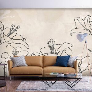 Fotobehang - Sketch of nature - minimalist lineart with lily flowers on a beige background