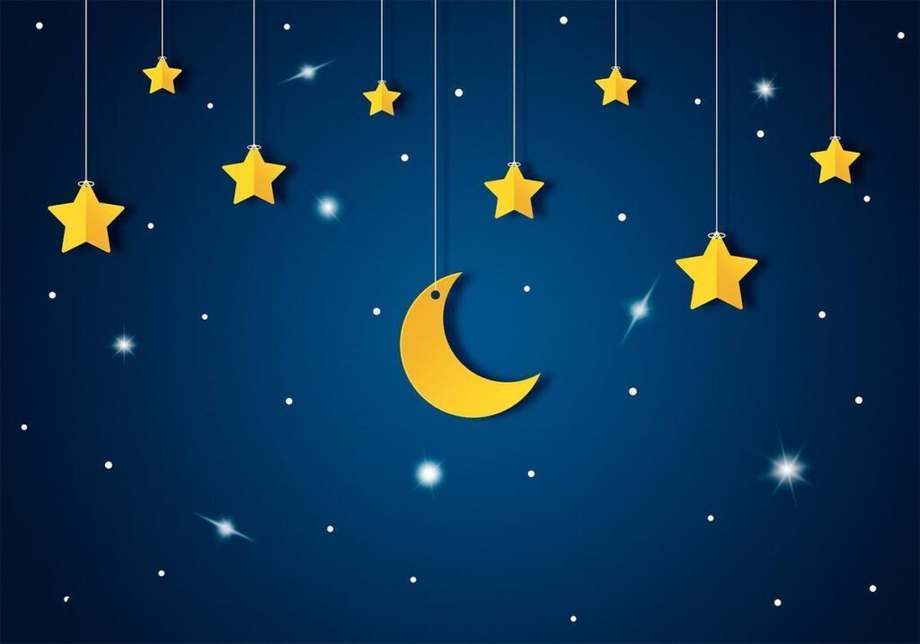 Fotobehang - Skyline - night sky landscape with stars and moon for children - Afbeelding 2