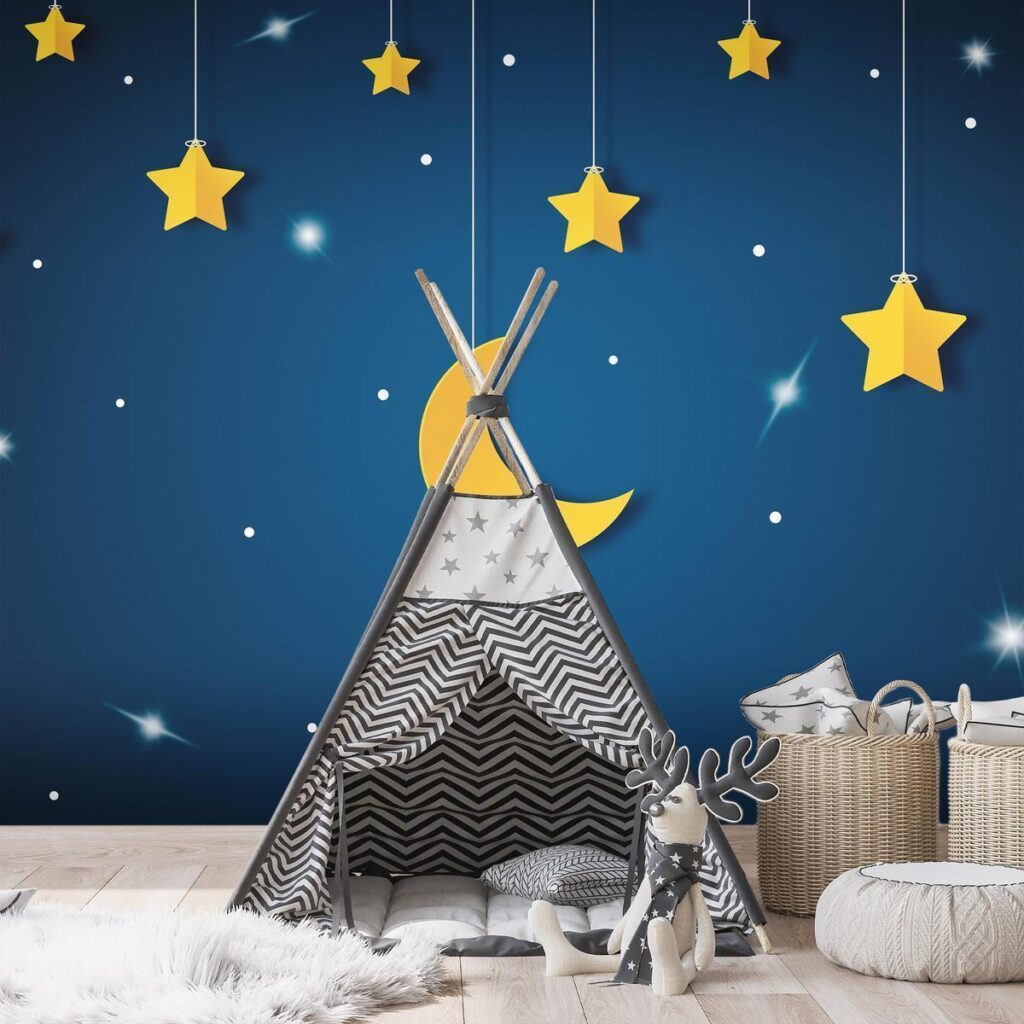 Fotobehang - Skyline - night sky landscape with stars and moon for children
