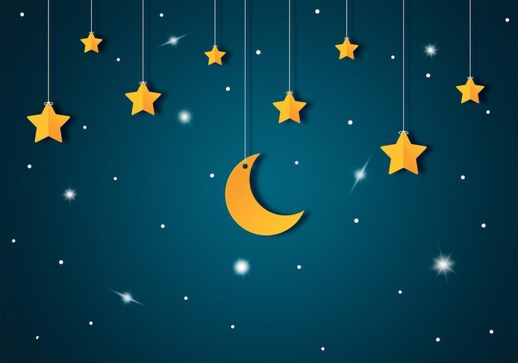 Fotobehang - Skyline - turquoise night sky landscape with stars for children - Afbeelding 2