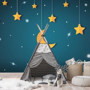 Fotobehang - Skyline - turquoise night sky landscape with stars for children